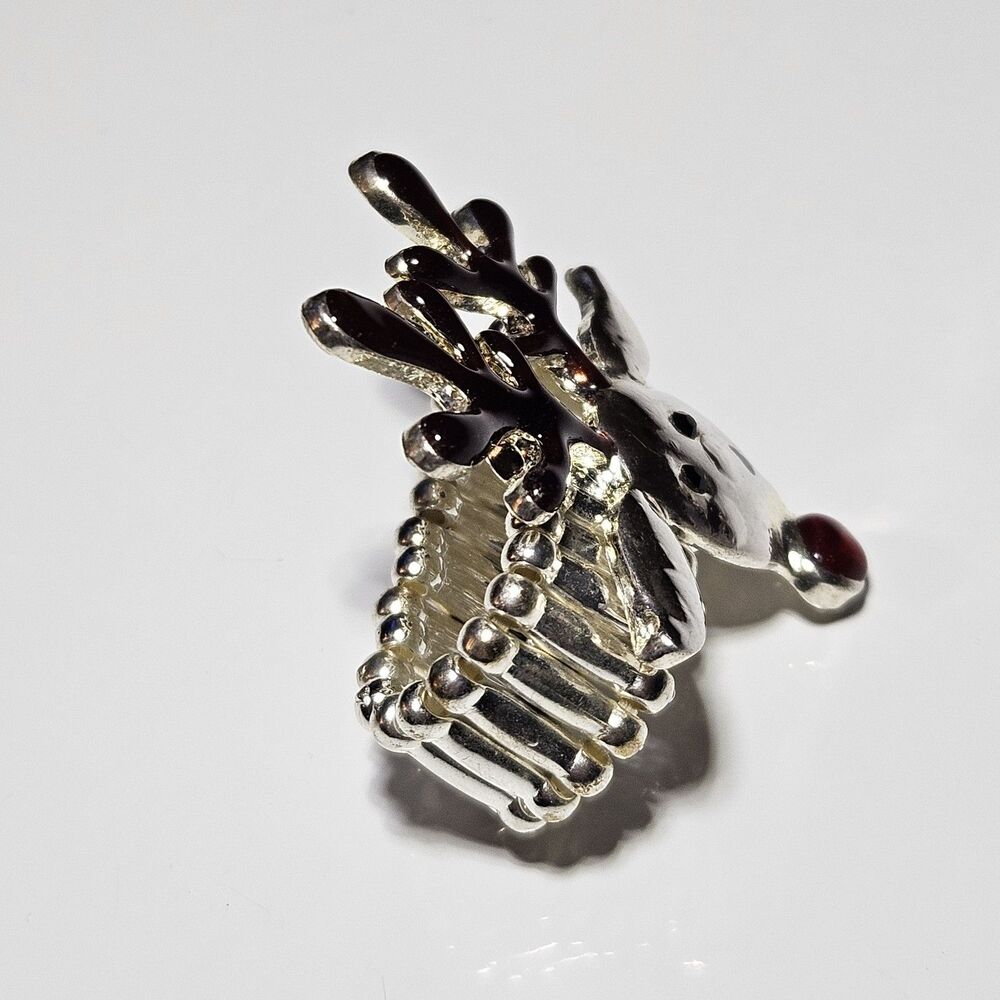 Silver Tone Brown Red Enamel Black Rhinestone Rudolph Stretch Ring - Picture 10 of 14